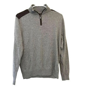Thomas Parker NY Gray Patch Brown Wool Sweater M 1/4 Zip Long Sleeve Preppy